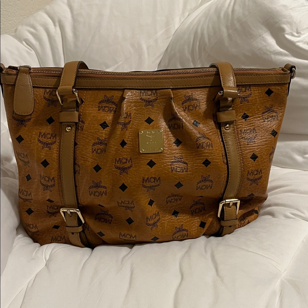 MCM Cognac Visetos Monogram Tote with Gold Plaque